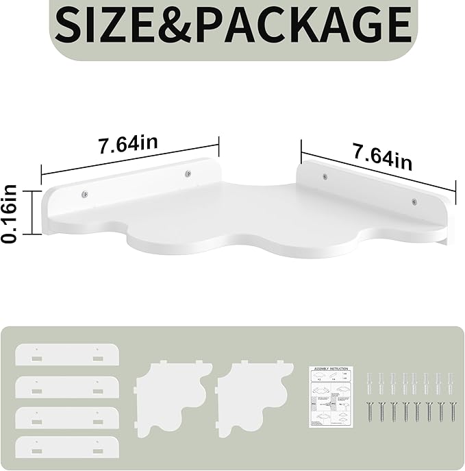 Cloud Corner Shelf Wall Mount, 2-Tier Floating Wavy Corner Wall Shelves with Cord Hole, White Funky Corner Shelves for Kid’s Room, Cute Shelves Display for Nursery,Bedroom,2 Sizes in One Set.