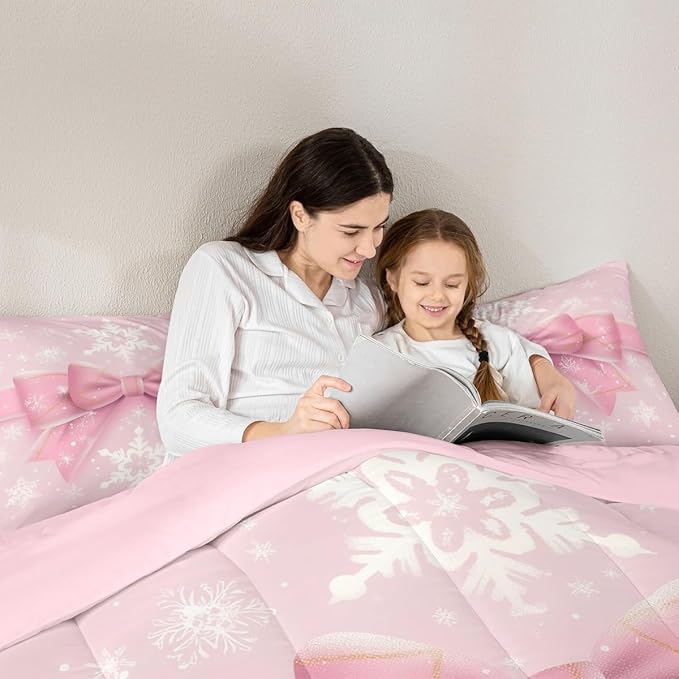 Feelyou Pink Bow Comforter Set All Season Coquette Bow Knot Bedding Set with 1 Pillow Cases Xmas Snowflake Kids Toddler Bedclothes Cute Dreamy Princess Style Decor Christmas Duvet Quilt Soft