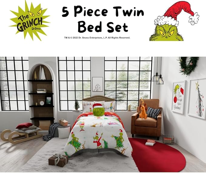 Grinch by Dr. Seuss Holiday & Christmas Bedding Soft Comforter and Sheet Set with Sham, 5 Piece Twin Size, (Official Dr. Seuss Product) by Franco