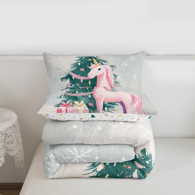 Feelyou Merry Christmas Comforter Set Full Size Cute Unicorn Bedding Set for Kids Boys Girls Gift Duvet Quilt Christmas Tree Bedroom Decor Microfiber 3 Pcs with 2 Pillow Cases