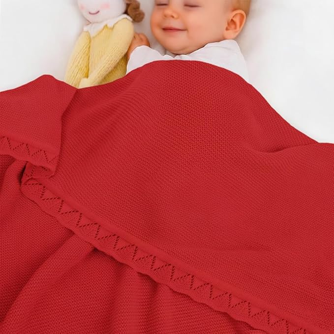 Baby Knit Blanket Soft Breathable Cotton Scallop Border Blankets Newborn Knitted Blanket Swaddle Blankets Gifts for Baby Newborn Toddler Shower Boy Girl New Mom Birthday Christmas Red 30x40