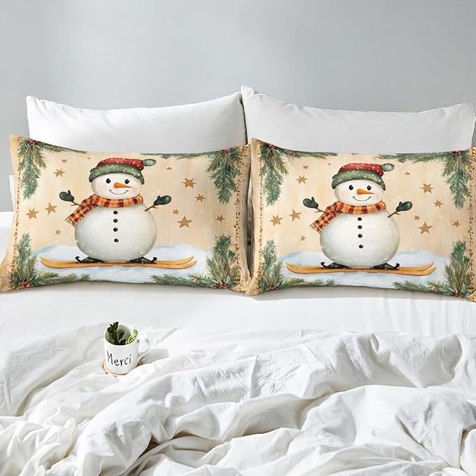 Manfei Christmas Kids Duvet Cover Set Twin Size, Cute Snowman Bedding Set for Boy Girl Room Decor, New Year Holly Leaf Print Comforter Cover, Lightweight Bedspread Cover, 1 Pillowcase, No Comforter