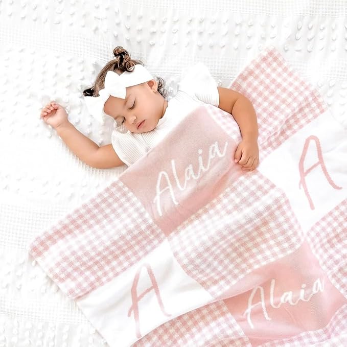 Personalized Signature Gingham Blanket – 100% Organic Cotton Customized Baby Blanket, Custom Name, Bassinet 30x40, Gift for Baby Shower, Birthday Present, Girls and Boys, Toddler Kids, Made In America