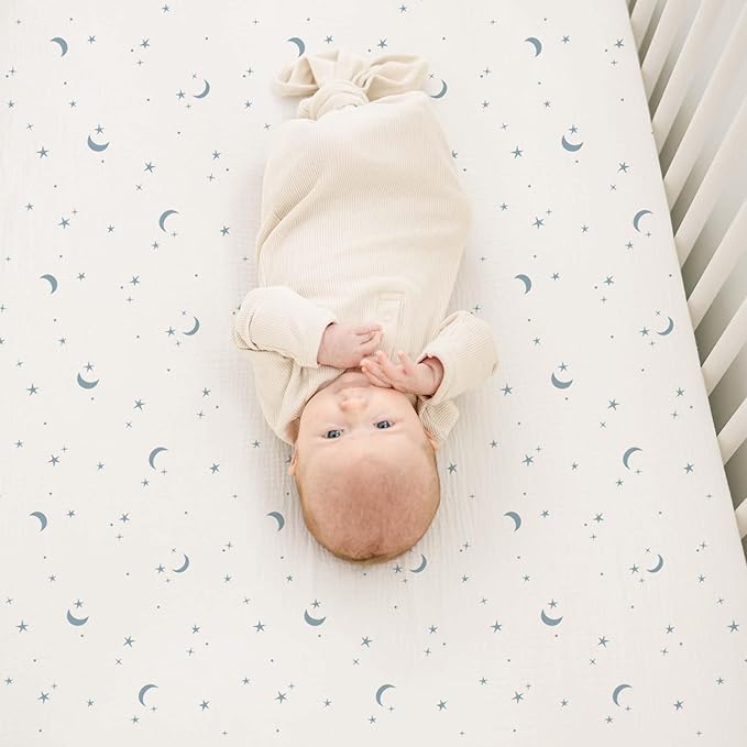 Konssy Muslin Crib Sheets for Boys, Soft Cotton Neutral Baby Sheets for Standard Crib Mattress 2 Pack, 52"x28" (Dreamfield Sky,Baby Blue Plaid)