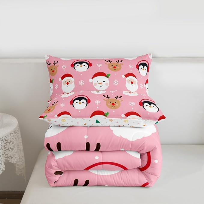 Feelyou Pink Christmas Comforter Set Full Size Santa Claus Bedding Set for Kids Boys Girls Deer Penguin Duvet Quilt Snowman Bedroom Decor Microfiber 3 Pcs with 2 Pillow Cases