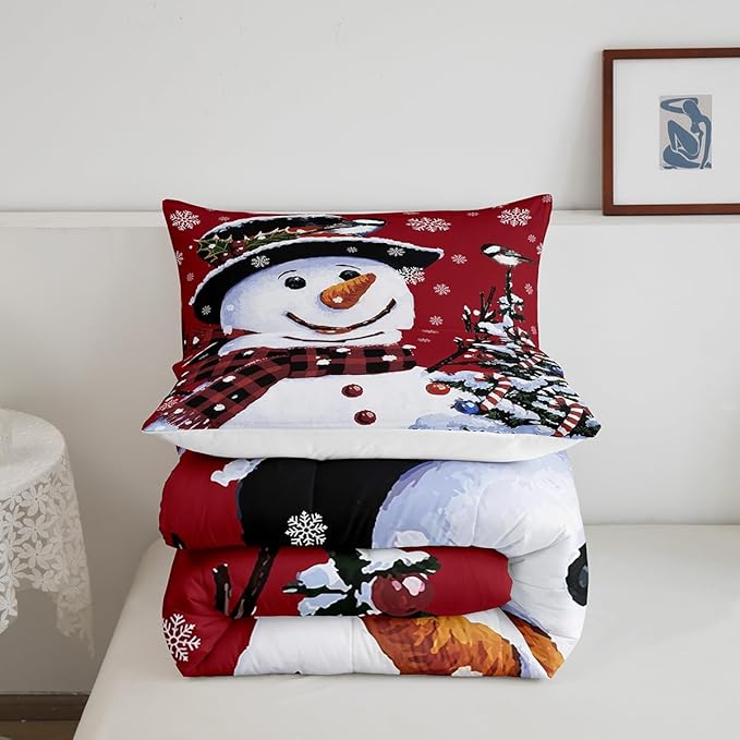 Feelyou Kids Christmas Theme Decorations Bedding Set Xmas Snowman Comforter Set for Boys Girls Red Bedroom Collection King Size