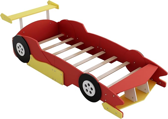 Flieks Twin Size Race Car-Shaped Platform Bed Frame for Boys Girls Kids Adults Toddler with Wheels,Red