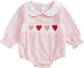 Amiblvowa Baby Girl Valentines Day Outfit Embroidery Love Heart Smocked Bubble Romper Bodysuit Cute Infant Newborn Clothes