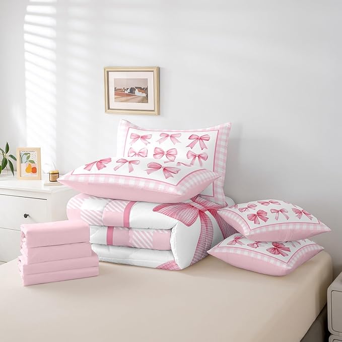 7 Pieces Pink Bowknot Kids Comforter Full,Geometric Plaids Grids Patchwork Fashion Bedding Set,Bow Tie Knot Princess Romantic Chic（Comforter+Fitted+Flat Sheet+2 Pillowcases+2 Throw Pillow Covers）