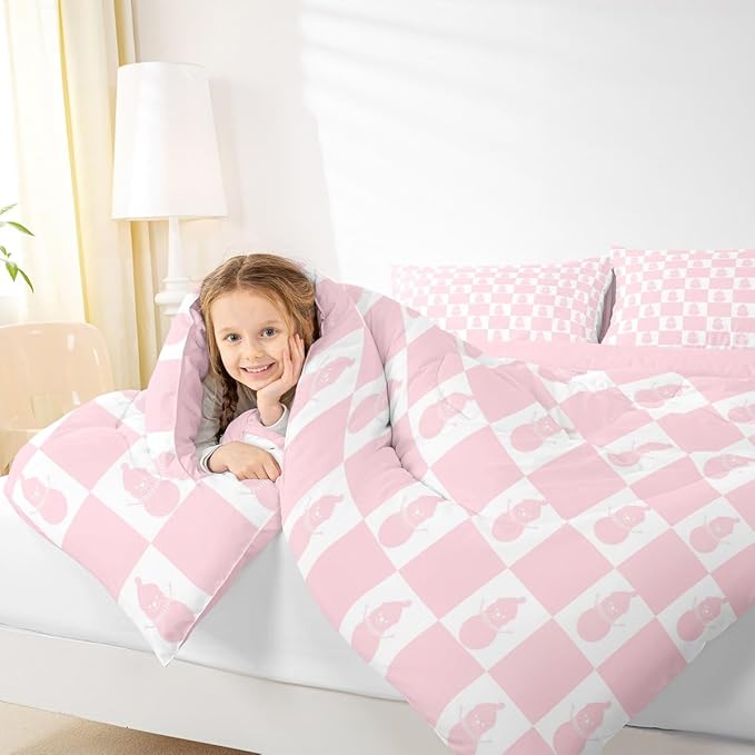 Feelyou Christmas Comforter Set Toddler Size Checkered Bedding Set for Kids Boys Girls Snowman Duvet Quilt Xmas Decorations Bedroom Decor Pink Microfiber 2 Pcs with 1 Pillow Cases Soft Lightweight