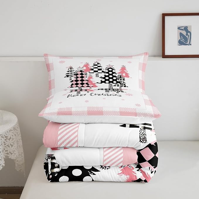 Manfei Merry Christmas Comforter Set King Size, Pink Plaid Xmas Trees Bedding Set 3pcs, New Year Cartoon Down Comforter for All Season, Kids Girls Santa Claus Bedroom Decor, 2 Pillowcases, No Sheets