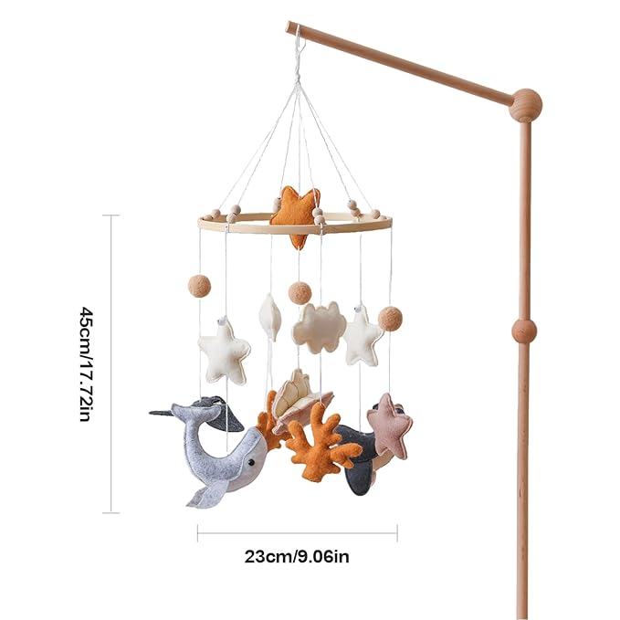 Baby Crib Mobile - Cartoon Toys Hangable Marine Animal Decoration for Nursery, Durable Soft Design with Rotating Bell, Baby Bed Ornament for Bassinet, Boys, Girls, Bedroom, Crib, 12x12x8 Inches