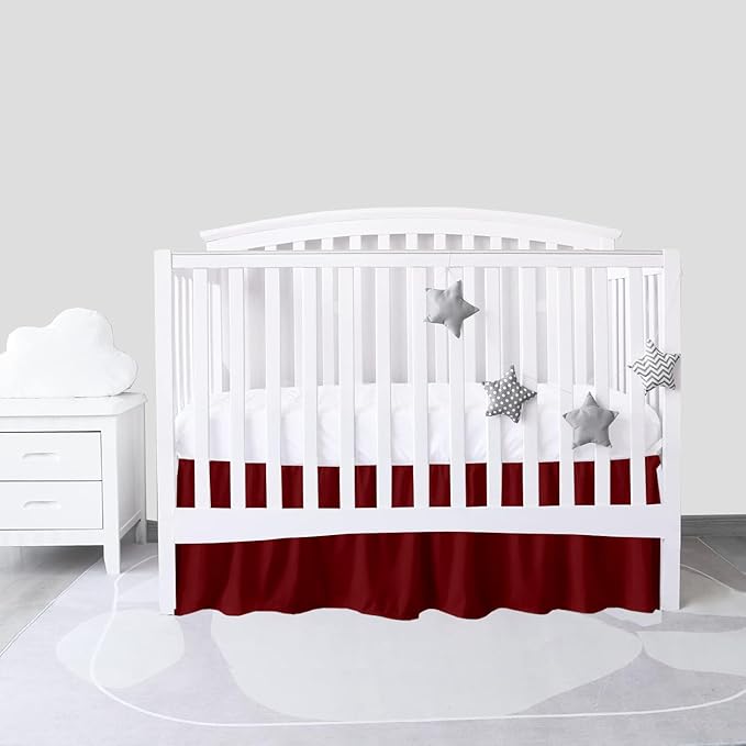 Burgundy Crib Bed Skirt 28" x 52" with 14" Drop - Dust Ruffle Crib Skirt with Split Corners - Soft Nursery Standard Crib Toddler Bedding Skirt for Baby Boys or Girls