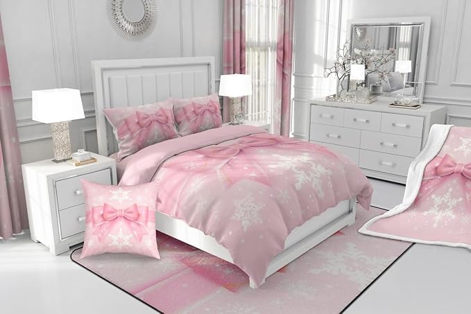 Feelyou Pink Bow Comforter Set All Season Coquette Bow Knot Bedding Set with 1 Pillow Cases Xmas Snowflake Kids Toddler Bedclothes Cute Dreamy Princess Style Decor Christmas Duvet Quilt Soft