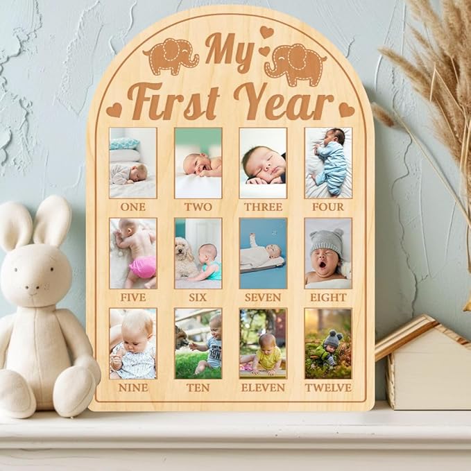ORIGACH My First Year Baby Growth Photo Display Wood Board - 12 Months Newborn Milestones Photo Board - Neutral Baby Keepsake Frame 1st Birthday Party Nursery Decor New Mom Gift - Elephant