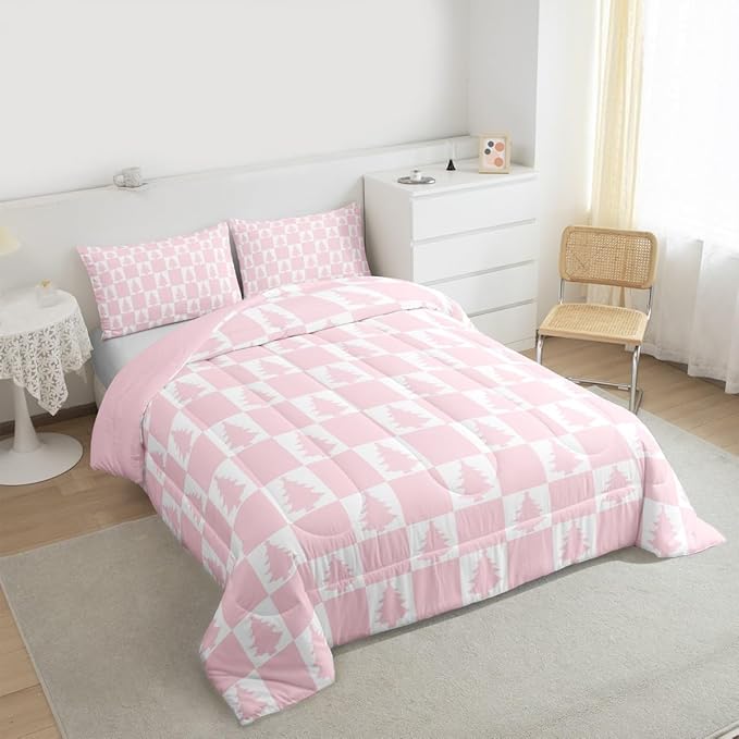Feelyou Christmas Bedding Set Soft for Boys Girls, Checkered Comforter Set Twin Size Christmas Tree Duvet Quilt Microfiber Xmas Decorations Bedroom Decor Pink 2 Pcs with 1 Pillow Cases