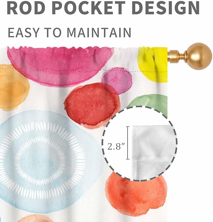 Colorful Curtains for Girls Bedroom, Watercolor Rainbow Cartoon Abstract Circle Polka Dots Splashes Cute Window Drapery for Kids Boys Girls Classroom Living Room Nursery 2 Panels, 52"x84" Inch