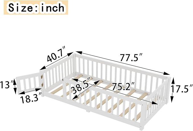 Bellemave Twin Size Floor Bed with Rails for Kids, Girls, Boys, Pine,Plywood Floor Bed with slats and Door, White