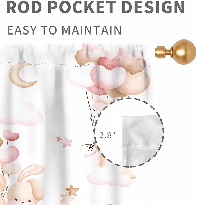 Rabbits Curtains, Kids Boys Girls Cartoon Cute Lovely Animals Moon Cloud Ballon Pastel Pink Window Drapery Treatments for Baby Living Room Bedroom Nursey Toddler 2 Panels, 84"x63" Inch