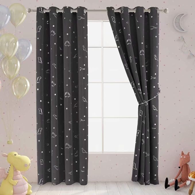LORDTEX Dinosaur and Star Foil Print Blackout Curtains for Kids Room - Thermal Insulated Curtains Noise Reducing Window Drapes for Boys and Girls Bedroom, 52 x 84 Inch, Grey, Set of 2 Panels