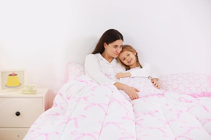7 Pieces Cartoon Bowknot Kids Comforter Twin,Pink Bow Tie Butterfly Knot Princess Bedding Set,Watercolor Bow Patchwork Pink White（Comforter+Fitted+Flat Sheet+2 Pillowcases+2 Throw Pillow Covers）