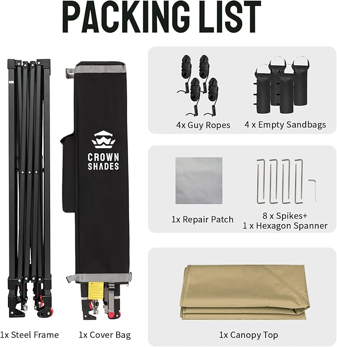 CROWN SHADES 10x10 Pop Up Canopy Tent - Patented Center Lock One Push Instant Outdoor Canopy Beach Tent with STO-N-Go Bag 8 Stakes & 4 Sand Bags，Khaki