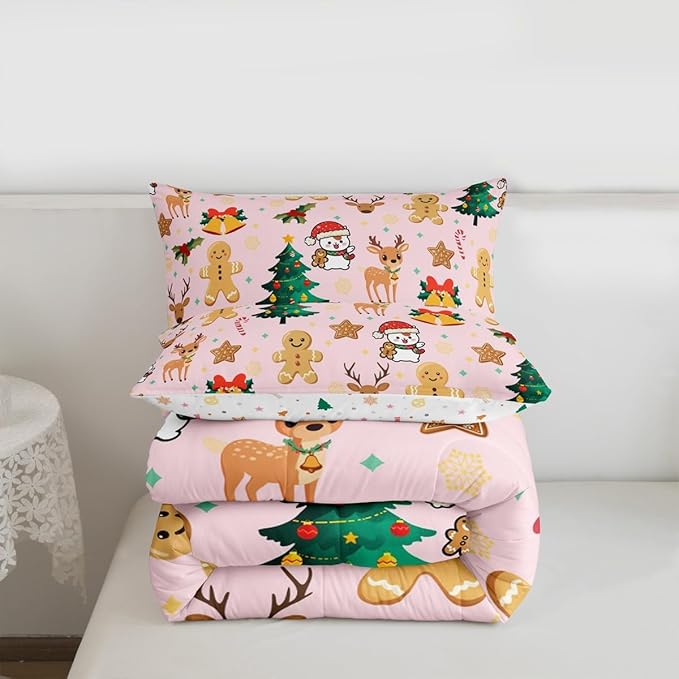 Feelyou Merry Christmas Bedding Set Soft for Boys Girls, Gingerbread Man Comforter Set Toddler Size Cute Deer Duvet Quilt Microfiber Christmas Tree 2 Pcs with 1 Pillow Cases