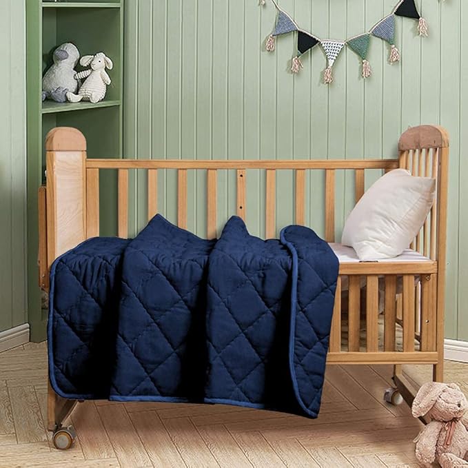 FLXXIE Machine Washable Microfiber Down Alternative Toddler Comforter, Super Soft and Lightweight Kids Crib Quilted Blanket for Stroller, Travel, 39x47 Inches, Navy Blue