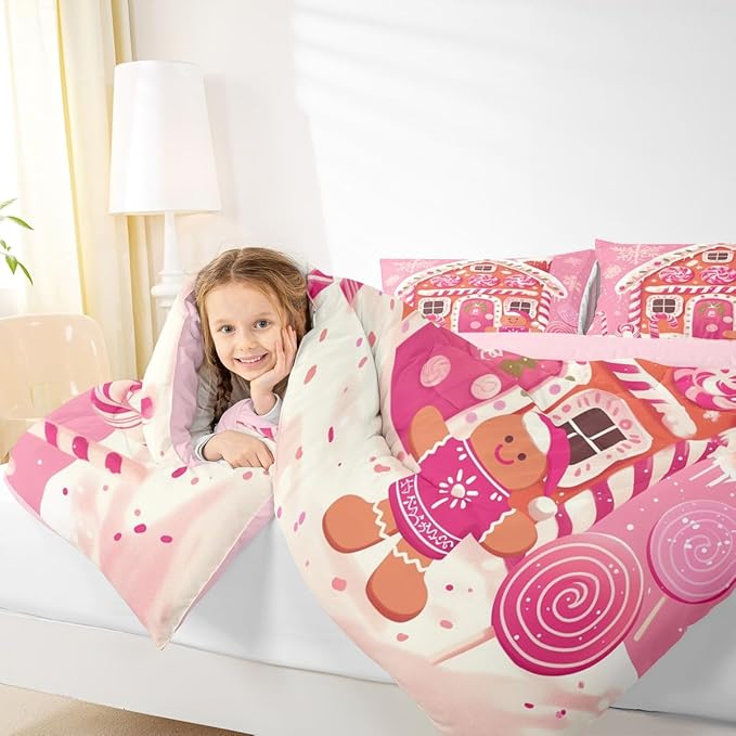 jejeloiu Kids Christmas Theme Comforter Set Queen Size Xmas Gingerbread Man Candy Cane House Bedding Set for Boys Girls Teens Hot Pink Winter Happy New Year Duvet Quilt Room Decor