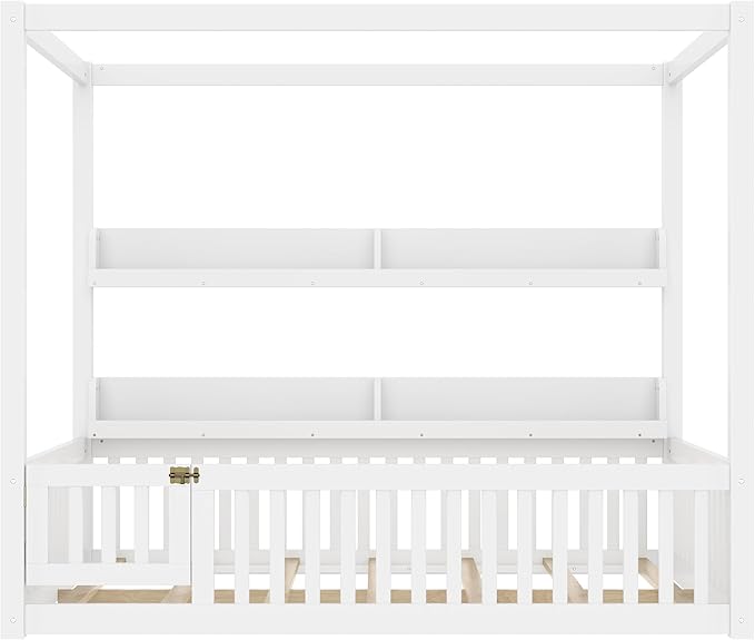 Bellemave Canopy Floor Bed Full Size with Safety Fence and Bookcase,Built in Four Poster Design,Full Montessori Floor Bed Frame for Toddlers,Kids,Boys,Girls,No Spring Box Needed（Full,White）