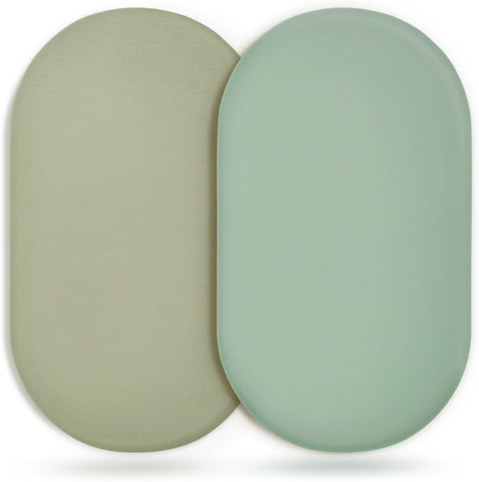 GRSSDER Stretchy Ultra Soft Fitted Bassinet Sheet 2 Pack, Universal Fit for Bassinets Baby Cradle Moses Basket Oval Rectangle Mattress Safe and Snug, Jersey Bassinet Sheets for Girls, Green & Sage