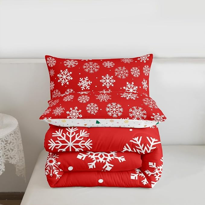 Feelyou Christmas Comforter Set All Season Winter Snowflake Bedding Set with 2 Pillow Cases Xmas Festival Microfiber Kids King Bedclothes Snowflake Red Bedroom Decor Duvet Quilt Breathable Soft