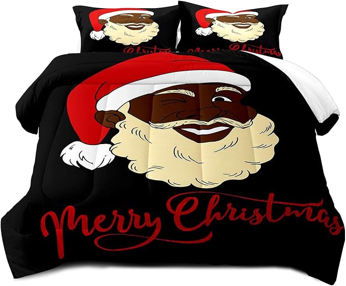 LUVIVIHOME 3PCS Christmas Comforter Set Full Size, Funny African American Black Santa Claus Bedding, Winter Xmas Merry Christmas Bedroom Decor for Kids Boys Girls Teens, Xmas Gifts, 2 Pillow Shams