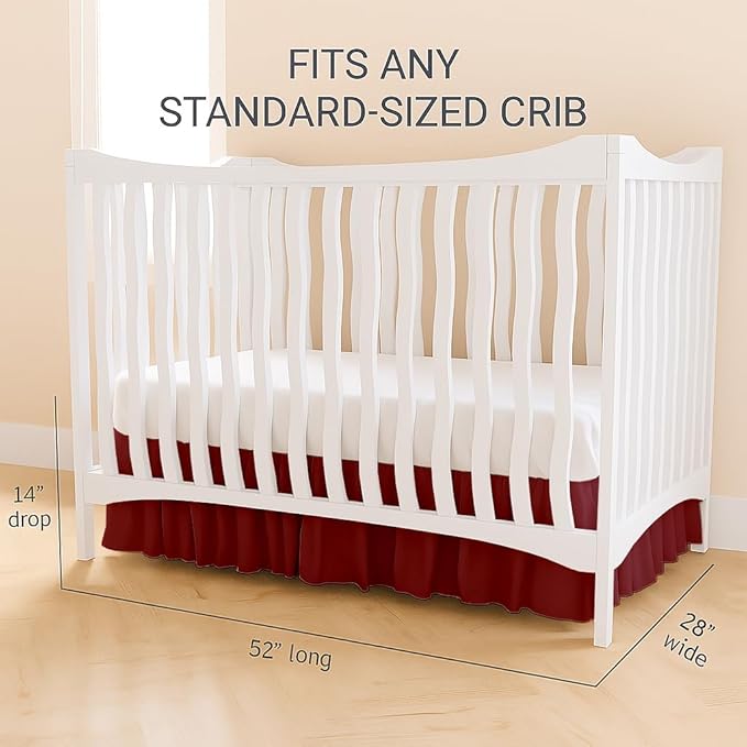 Crib Bed Skirt Dust Ruffle with Split Corners, 100% Cotton, Burgundy Nursery Crib Skirt for Baby Boys or Girls, 28x52, 14" Drop, Toddler Bed Skirt, Baby Bedding, Crib Sheet Skirt, Soft & Breathable