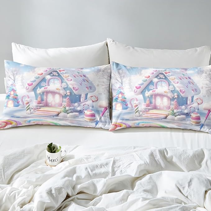 Manfei Christmas Kids Duvet Cover Set Twin Size, Cute Candy Cabin Xmas Bedding Set for Boys Girls Room Decor, New Year Winter Comforter Cover, Soft Polyester Quilt Cover, 1 Pillowcase, No Comforter