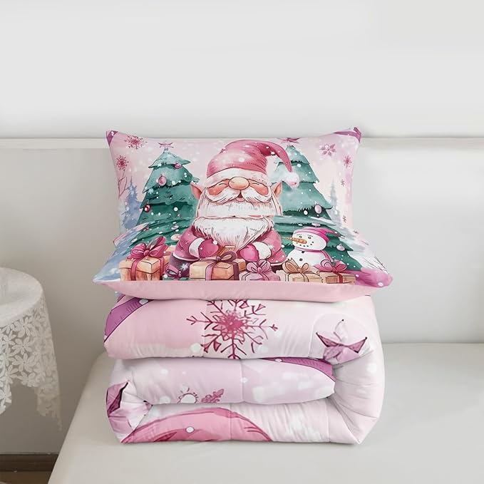 Feelyou Pink Christmas Comforter Set All Season Santa Claus Bedding Set with 2 Pillow Cases Cute Snowflake Kids Full Bedclothes Merry Christmas Tree and Snowman Decor Duvet Quilt Soft