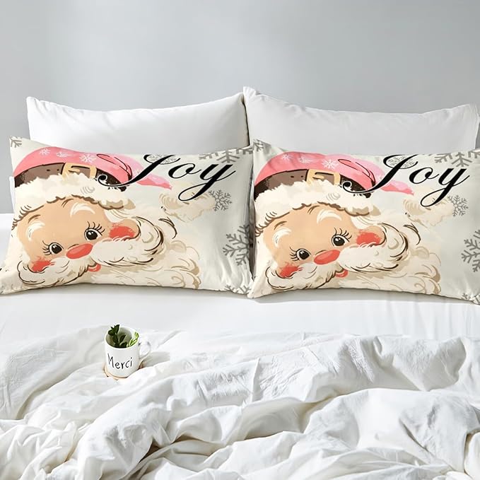 jejeloiu Pink Christmas Bedding Set for Kids Boys Girls Santa Claus Comforter Cover Set King Size New Year Decor Duvet Cover Bedroom Decor Xmas Bedspread Cover Bedding Collection 3Pcs