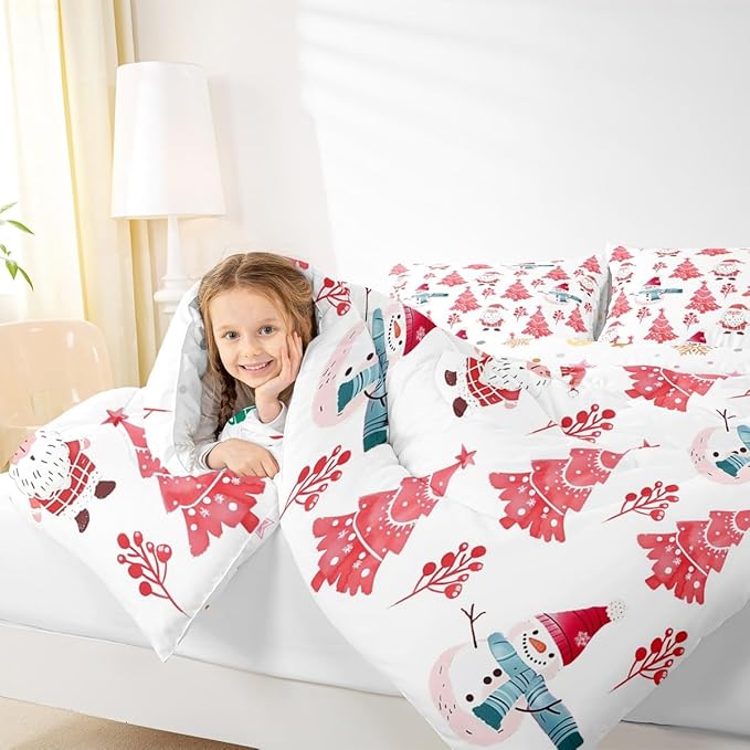Feelyou Merry Christmas Comforter Set All Season Xmas Tree Snowman Bedding Set with 2 Pillow Cases Santa Claus Microfiber Kids Full Bedclothes Bedroom Decor Duvet Quilt Breathable Soft