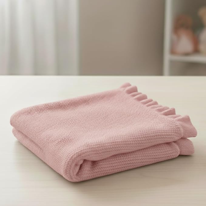Cotton Baby Blanket with Ruffle Edge Soft Breathable Newborn Blanket for Boys & Girls, Lightweight Knit Throw for Crib, Stroller & Nursery Multiple Colors Available Pink 28x36