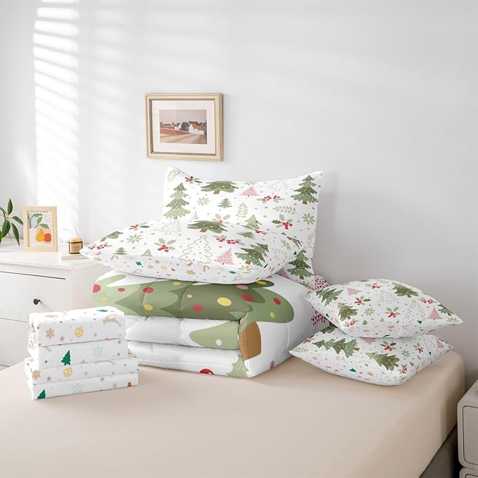 Erosebridal Kids Cartoon Christmas Bed in A Bag 7 Pcs Kawaii Christmas Tree Comforter Set for Women Men Cute Xmas Pine Tree Bedding Sets King Red Berry Xmas Decoration Sheet Set with Comforter