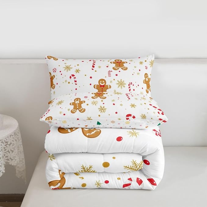 Feelyou Cute Gingerbread Man Comforter Set Full Size Candy Cane Bedding Set for Kids Boys Girls Golden Snowflake Duvet Quilt Christmas Pattern Bedroom Decor Festive Design 3 Pcs with 2 Pillow Cases