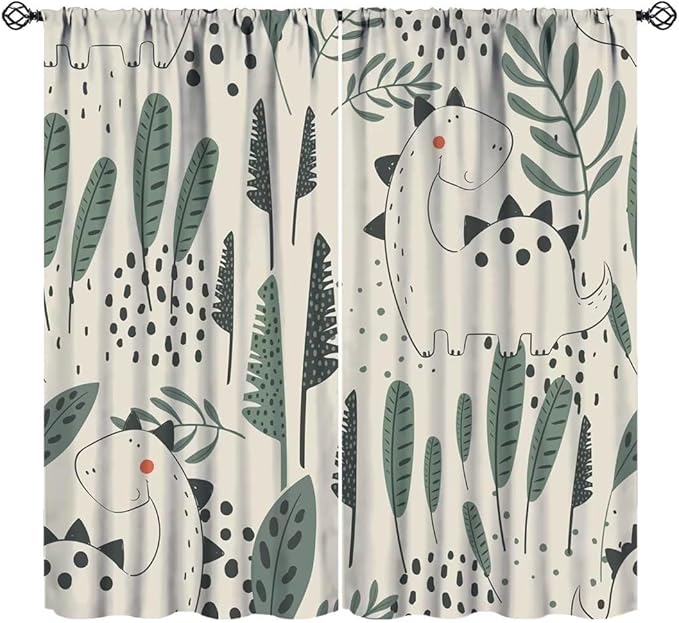 Funny Dinosaur Curtains, Jungle Cute Cartoon Animals Tropical Leaves Plant Beige Green Print Blackout Window Treatments for Kids Boys Girls Bedroom Living Room 42x54 Inch