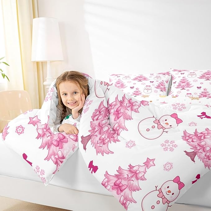 Feelyou Merry Christmas Kids Comforter Set King Size Cute Snowman Bedding Set Cartoon Bowknot Duvet Quilt for Kids Boys Girls Bedroom Christmas Tree Decor Microfiber Ultra Soft Breathable