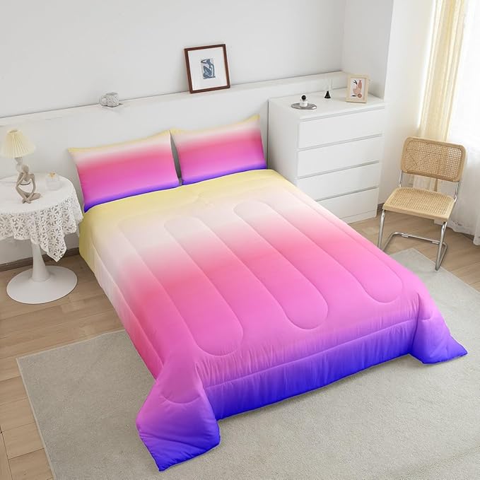 Feelyou Ombre Comforter King, Pink Purple Gradient Duvet Set - 3Pcs