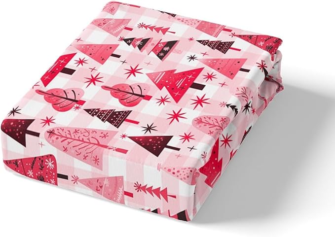 Manfei Cartoon Tree Duvet Cover Set Queen Size, Christmas Theme Bedding Set 3pcs for Kids Girls Adults, New Year Pink Plaid Comforter Cover Soft Polyester Quilt Cover with 2 Pillowcases,No Comforter