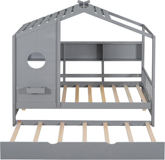 Twin Size House Bed with Roof and Window for Kids, Wooden Playhouse Bed with Storage Shelves and Trundle for Bedroom Furniture Girls & Boys (Grey/T1)