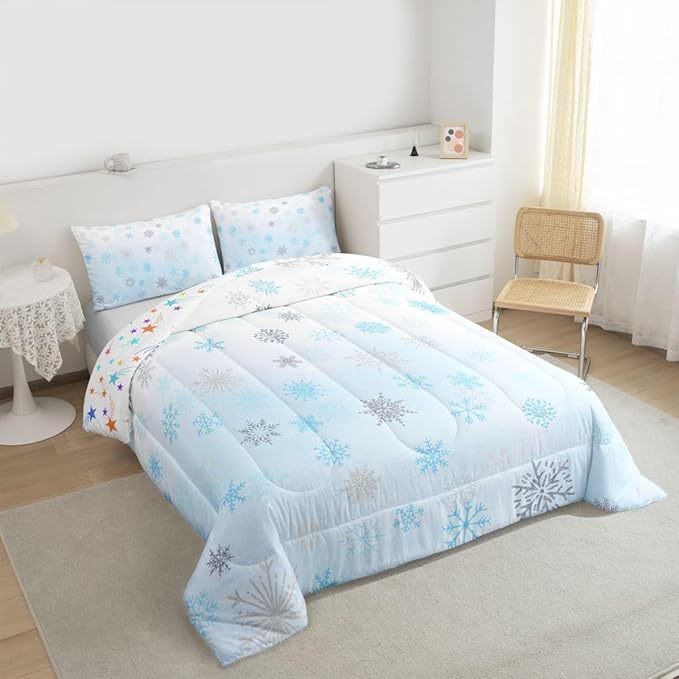 Feelyou Glitter Snowflake Comforter Set Full Size, Blue Snowflake Comforter Kids Toddler Ombre Bedding Set Winter Theme Duvet Set Microfiber Bed Set