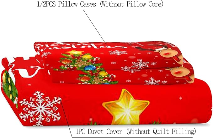 LUVIVIHOME 2PCS Christmas Duvet Cover Twin Bedding Sets, Kids Bedding, Santa Claus Snowman Reindeer Elf Snowflake Christmas Tree Holiday New Year Xmas Red Christmas Comforter Quilt Cover 1 Pillow Sham