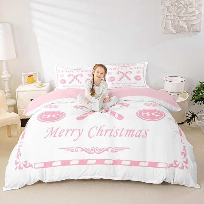 jejeloiu Christmas Bedding Set Queen Size Kids Christmas Quote Comforter Cover Set for Boys Girls Teens Candy Canes Print Duvet Cover Xmas Bedspread Cover Room Decorations Pink Quilt Cover