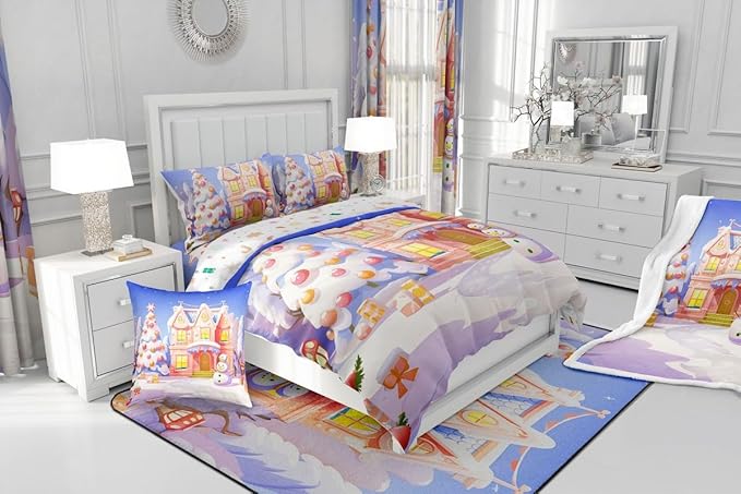 Feelyou Xmas Christmas Comforter Cover Set Christmas House Duvet Cover for Kids Boys Girls Bedroom Bed Decor Christmas Bedding Set Queen Size Soft Bedspread Cover,No Comforter